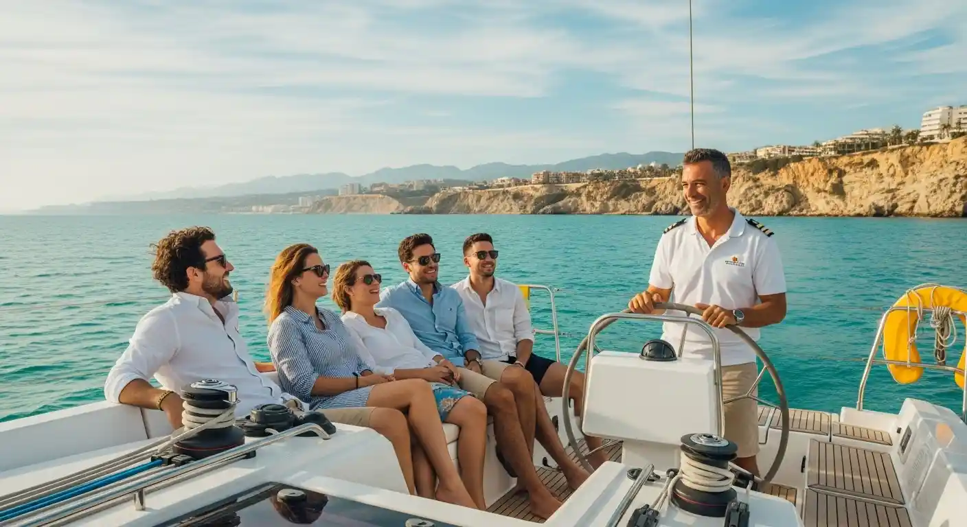 Grupo de amigos relajados en un velero con patrón profesional en la costa de Almería.