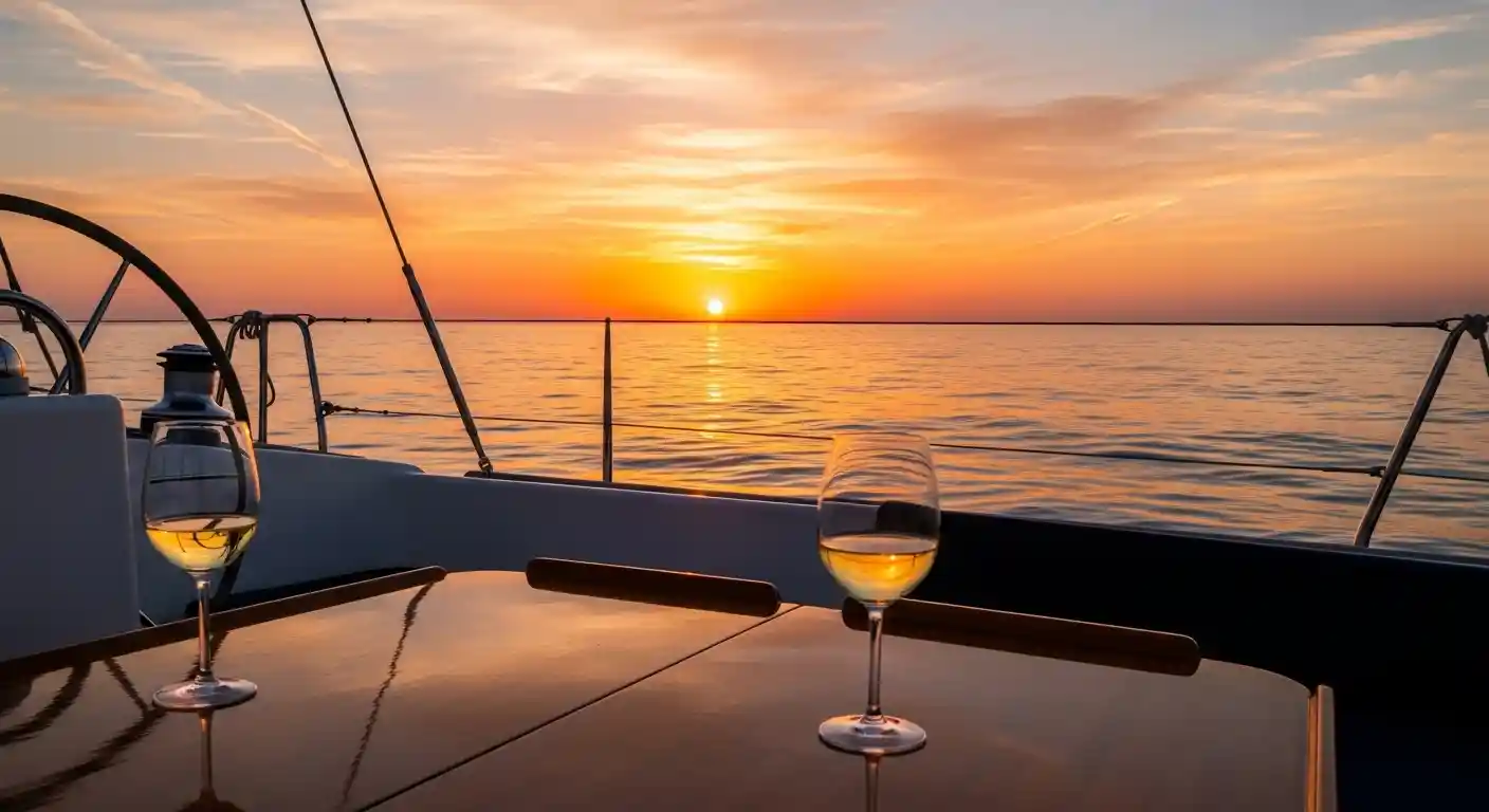 Puesta de sol en el mar Mediterráneo desde un velero.