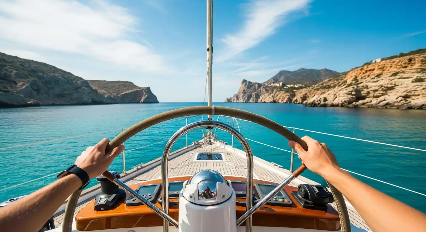 Persona al timón de un velero, navegando con autonomía en la costa de Almería.