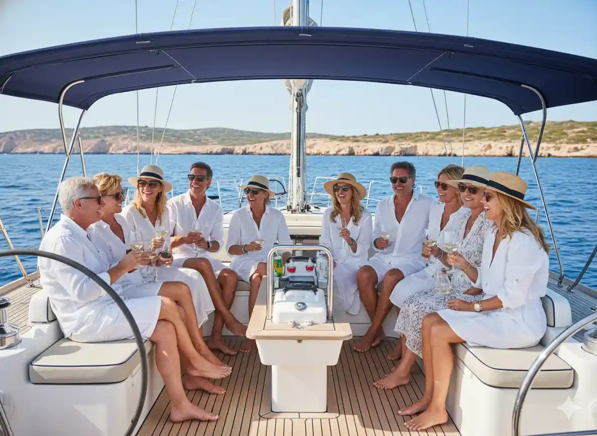 Grupo de amigos disfrutando en la cubierta del velero