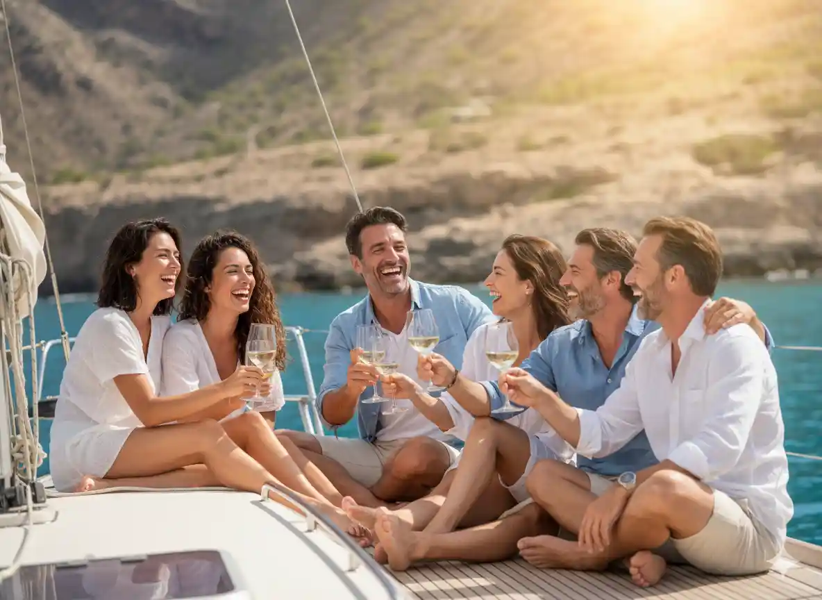 Grupo de amigos navegando frente a la costa de Mojácar