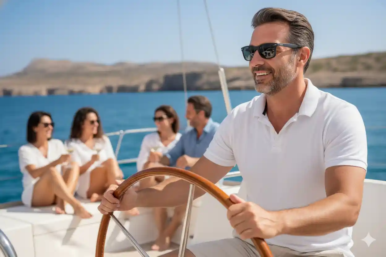 Velero con patrón saliendo del puerto