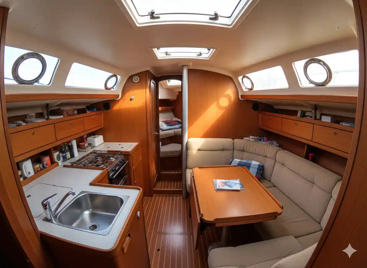 Interior del salón y cocina del Bénéteau Oceanis 330