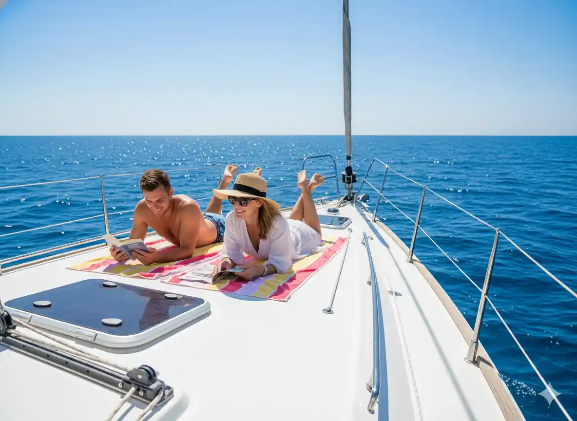 Pareja relajándose en la zona de solárium del velero