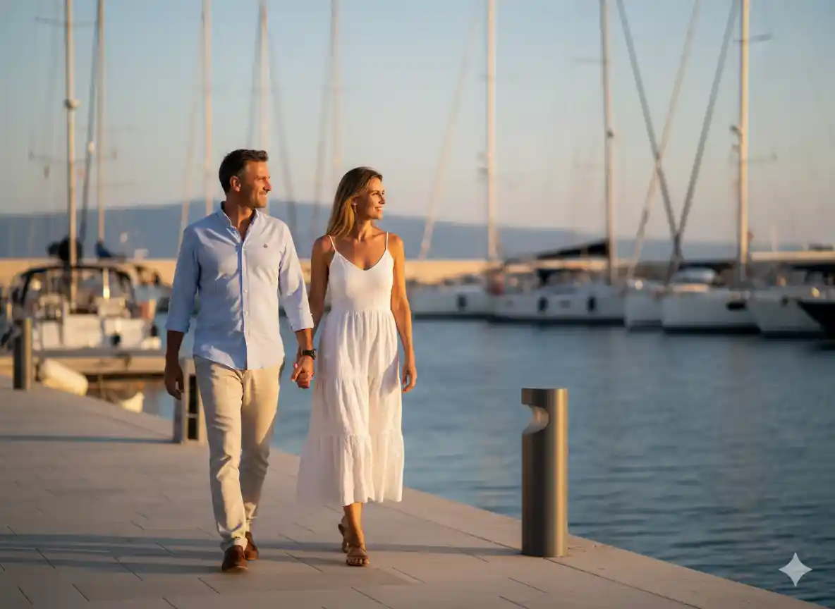 Pareja paseando por el puerto de Garrucha mirando los barcos
