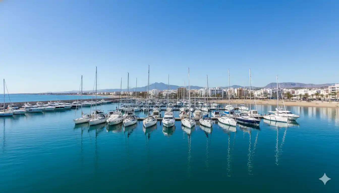 Vista panorámica del Puerto Deportivo de Garrucha con barcos amarrados.