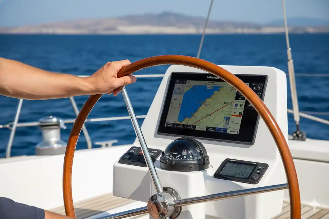 Puesto de gobierno del velero con timón y electrónica