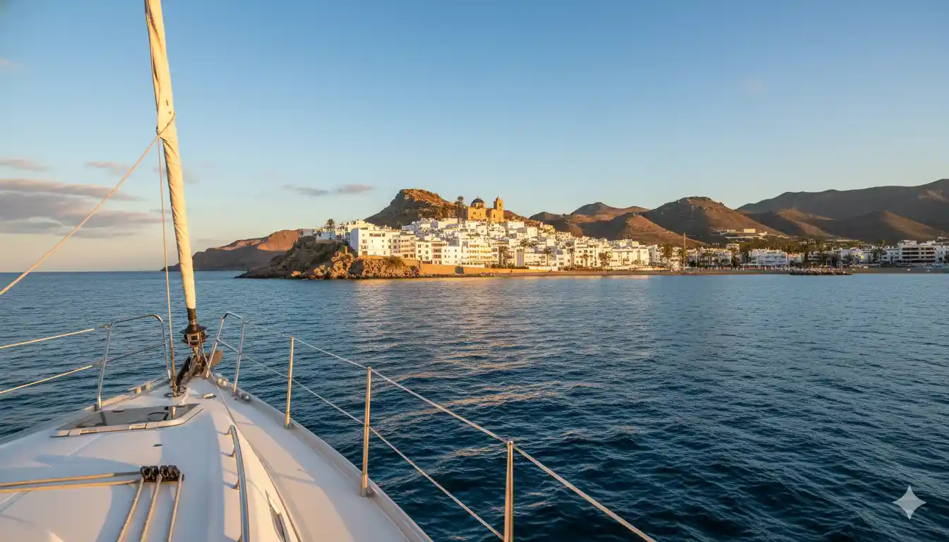 Vista del pueblo blanco de Mojácar desde un barco en el mar Mediterráneo.